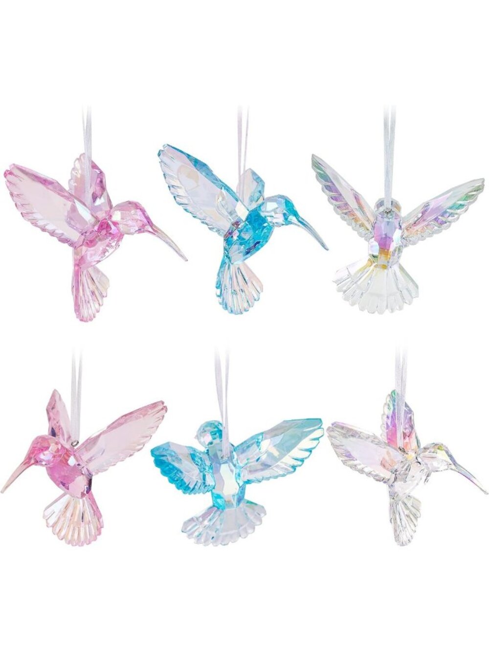 Set of 6 Iridescent Hummingbird Ornaments - Acrylic Figurines & Crystal Pendants